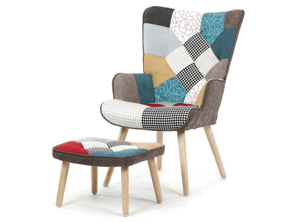 Kreslo ušiak s podnožou v patchwork prevedení